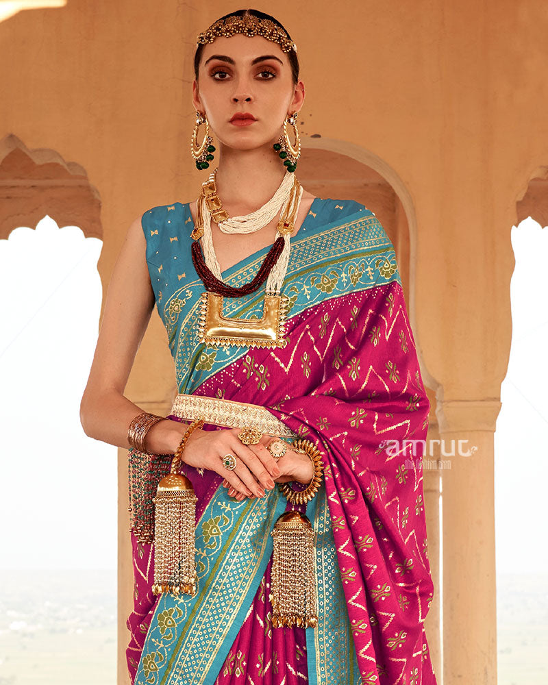 Rani Pink Ikat Printed and Teal Contrast Border Patola Silk Saree with Unstitched Blouse 02