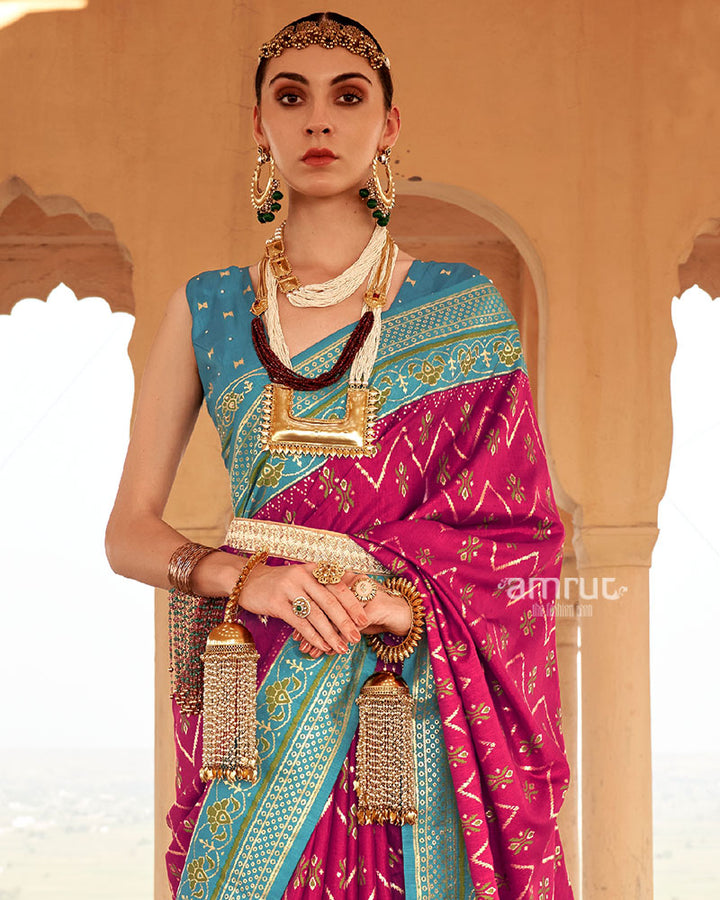 Rani Pink Ikat Printed and Teal Contrast Border Patola Silk Saree with Unstitched Blouse 02