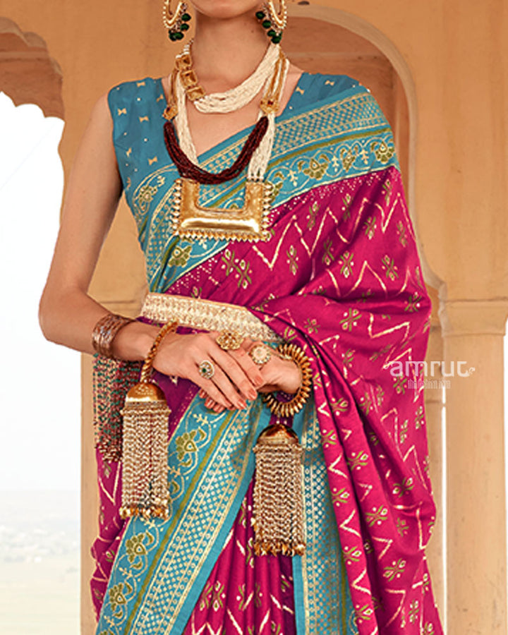 Rani Pink Ikat Printed and Teal Contrast Border Patola Silk Saree with Unstitched Blouse 03