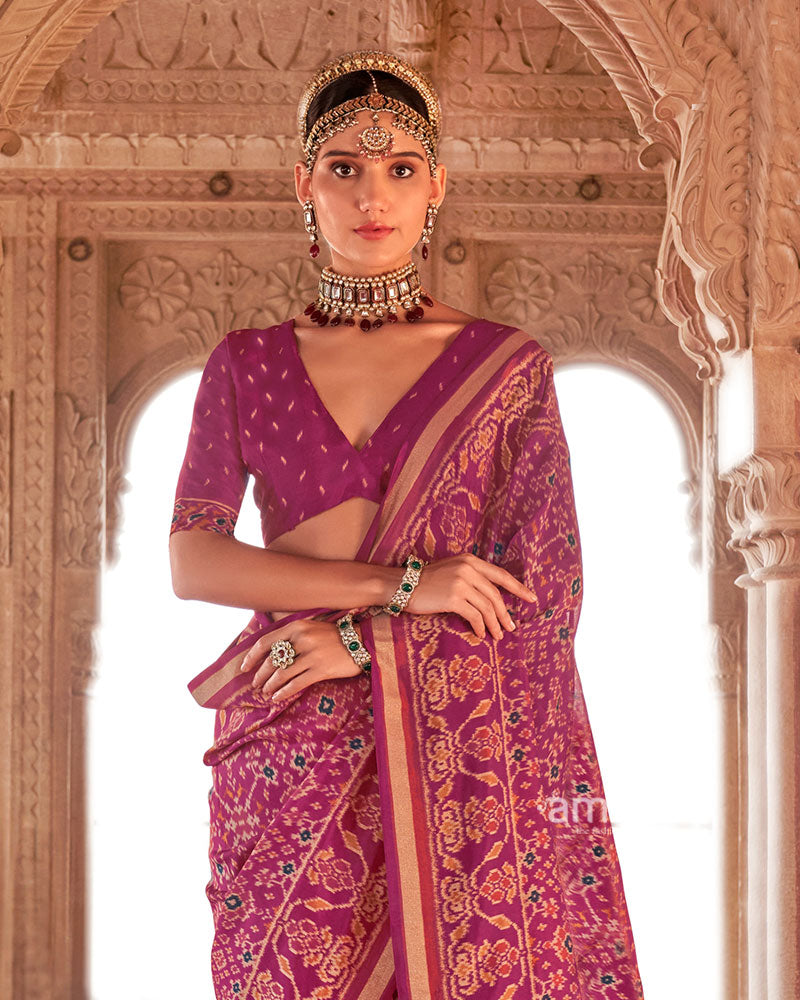Rani Pink Patola Printed Saree with Golden Zari Border and Unstitched Blouse 02
