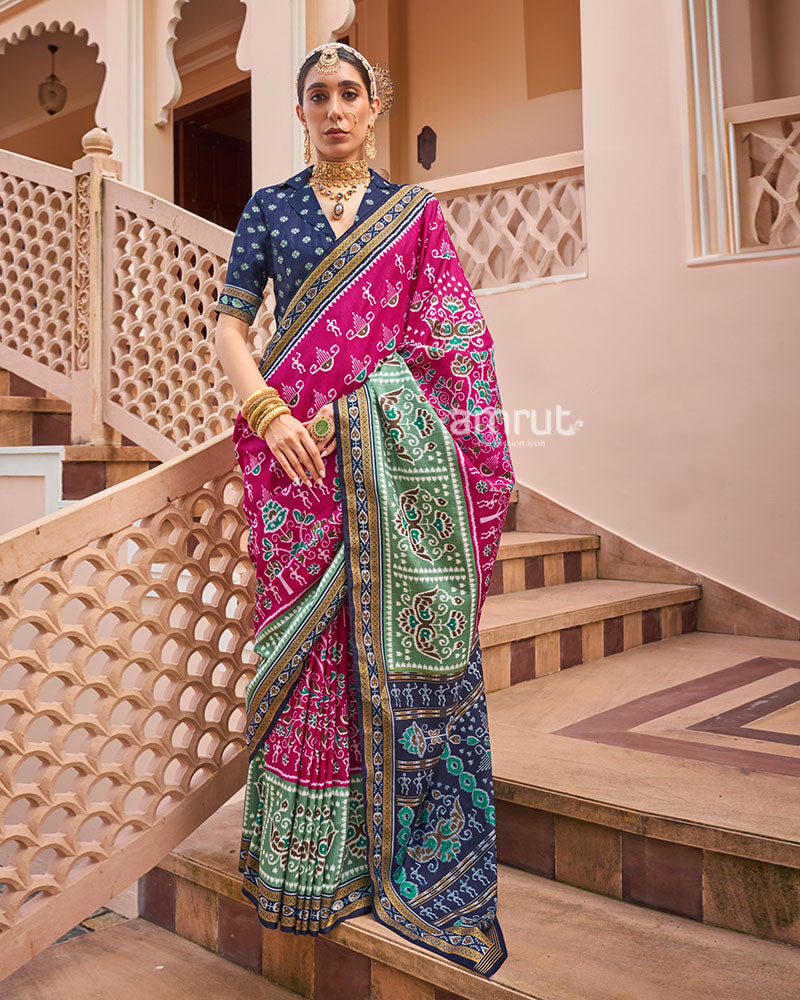 Rani Pink and Green Broad Border Patola Silk Saree with Unstitched Blouse 01