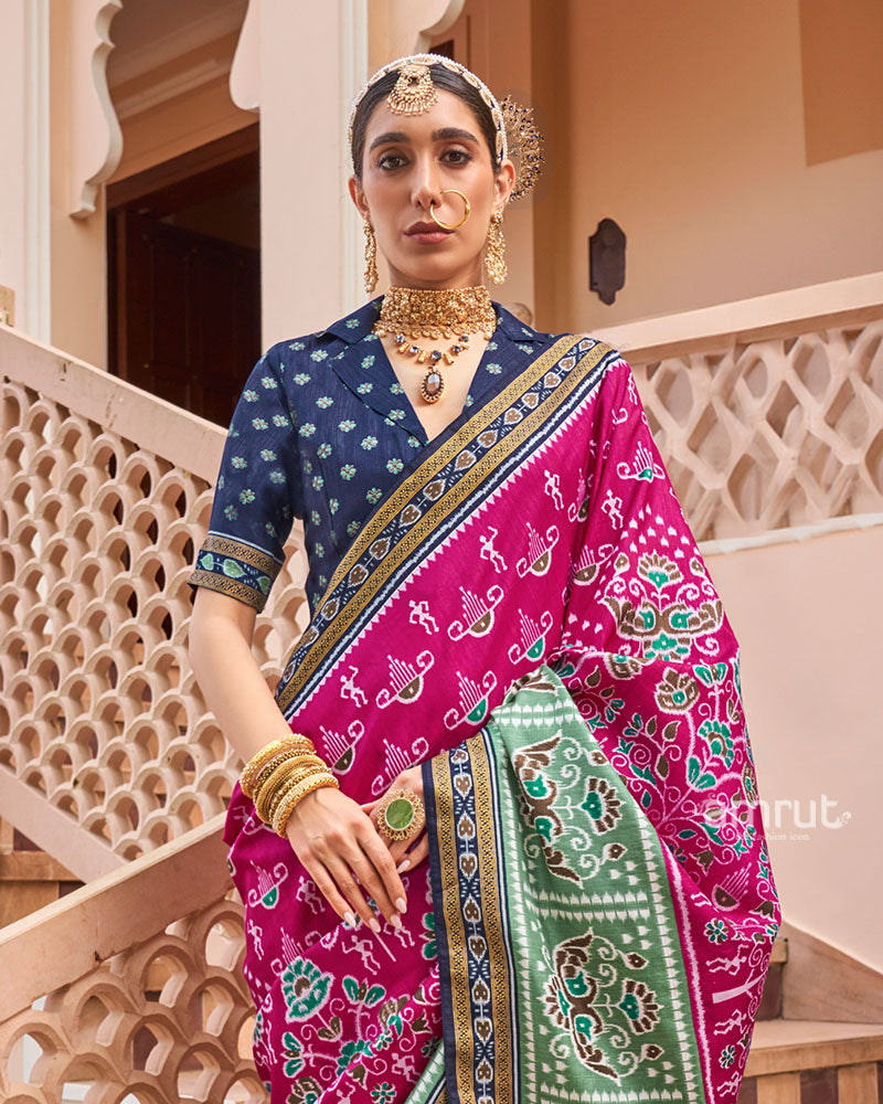 Rani Pink and Green Broad Border Patola Silk Saree with Unstitched Blouse 02