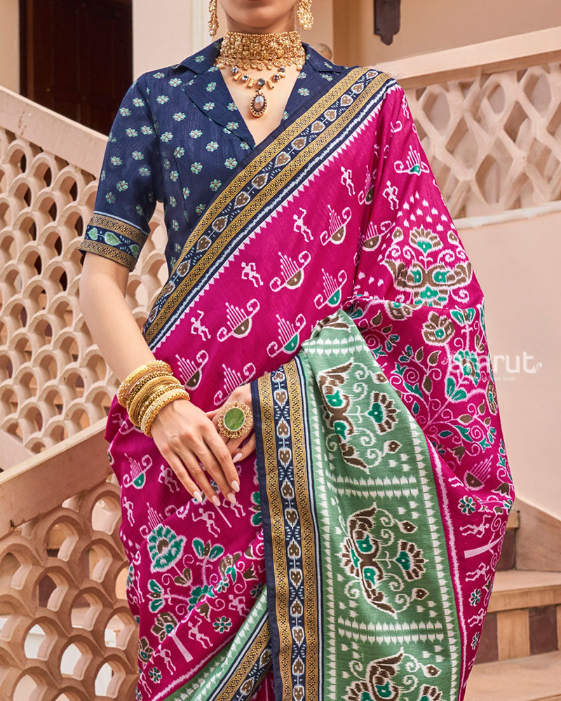 Rani Pink and Green Broad Border Patola Silk Saree with Unstitched Blouse 03