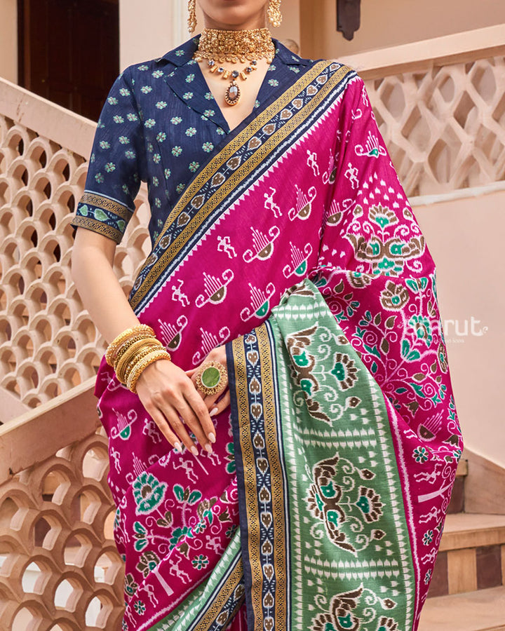 Rani Pink and Green Broad Border Patola Silk Saree with Unstitched Blouse 03