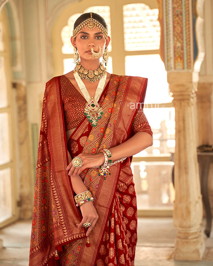 Red Banarasi Saree With Print Work Art and Unstitched Blouse