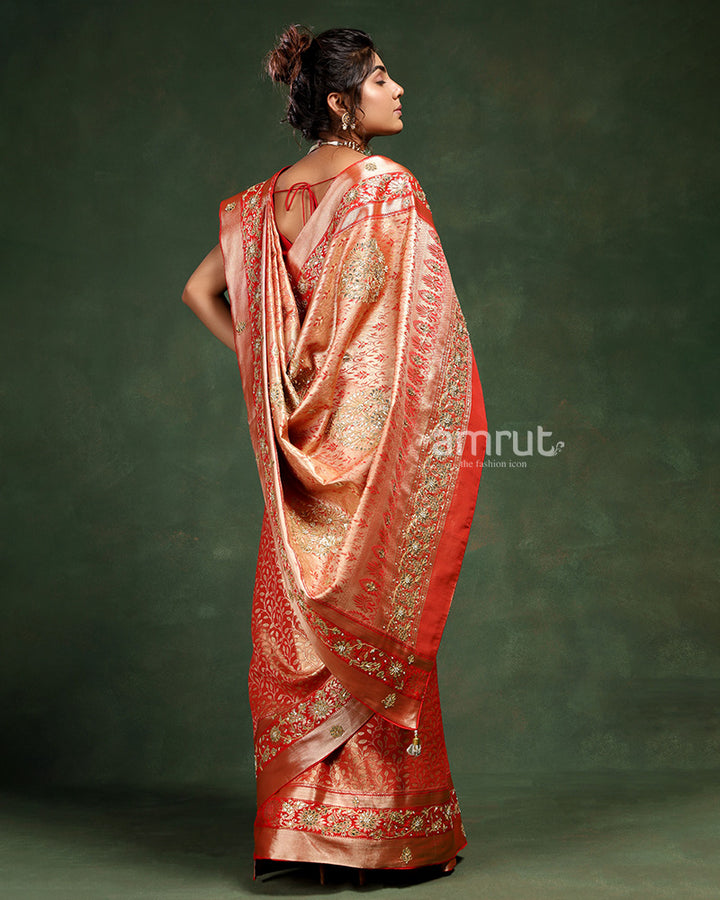 Red Banarasi Silk Saree for Bride With Unstitched Blouse