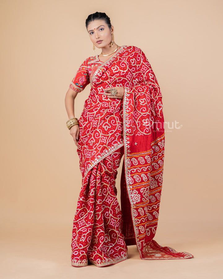 Red Bandhani Printed Gajji Silk Saree With Unstitched Blouse