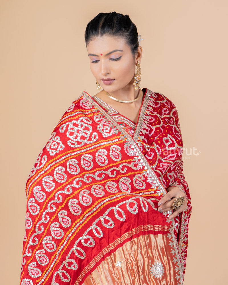 Red Bandhani Printed Gajji Silk Saree With Unstitched Blouse