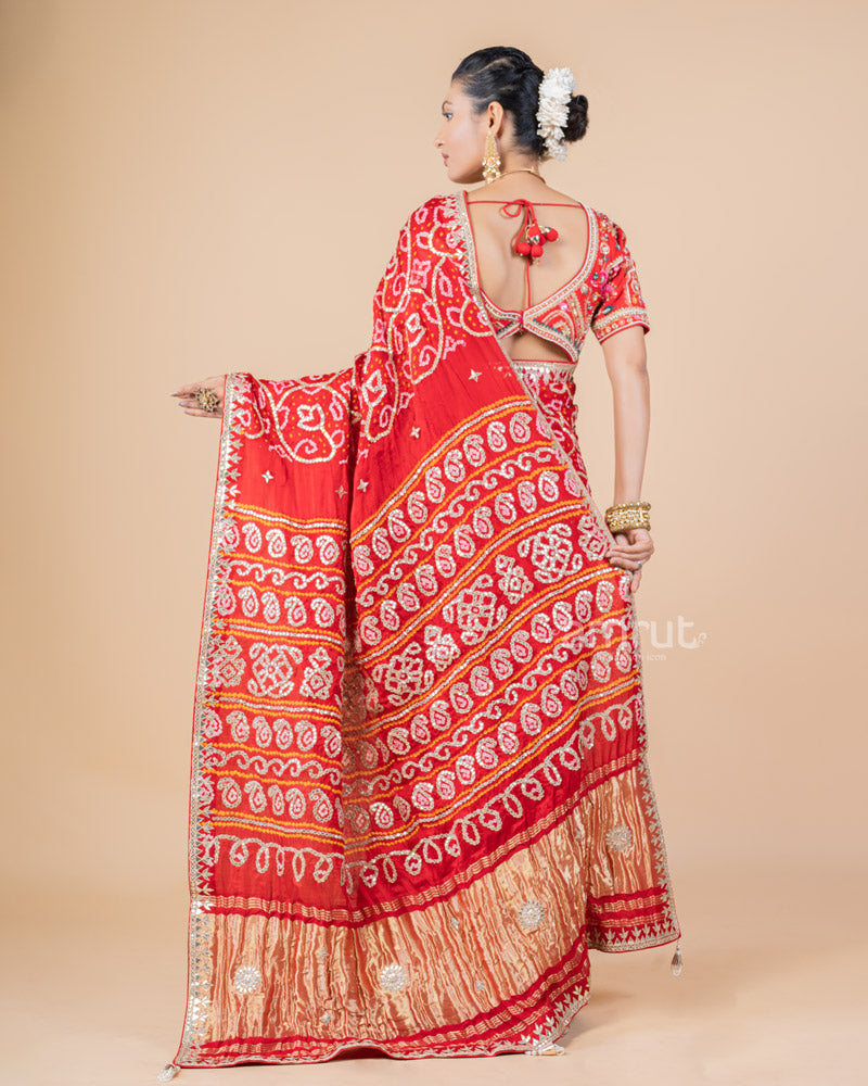 Red Bandhani Printed Gajji Silk Saree With Unstitched Blouse