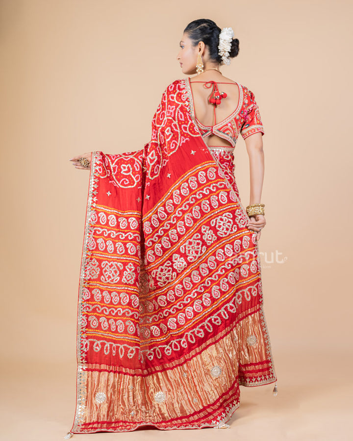 Red Bandhani Printed Gajji Silk Saree With Unstitched Blouse