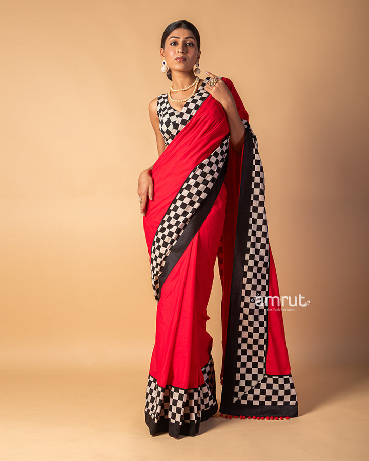 Red Cotton Silk Saree With Checks Printed Border