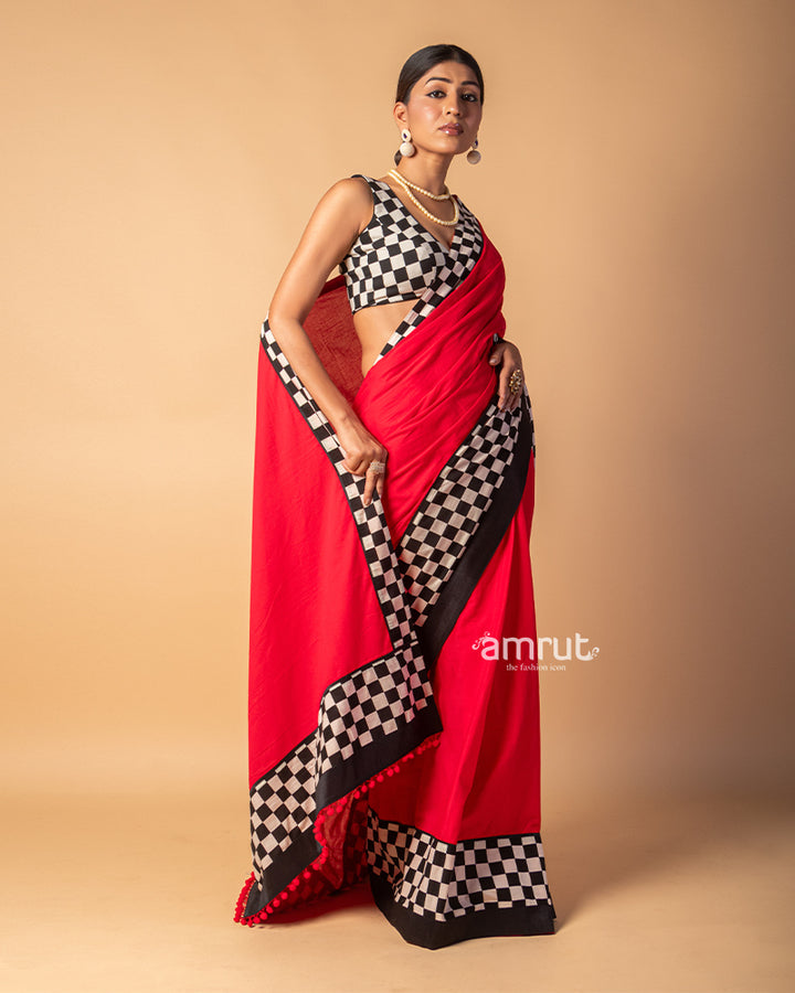 Red Cotton Silk Saree With Checks Printed Border