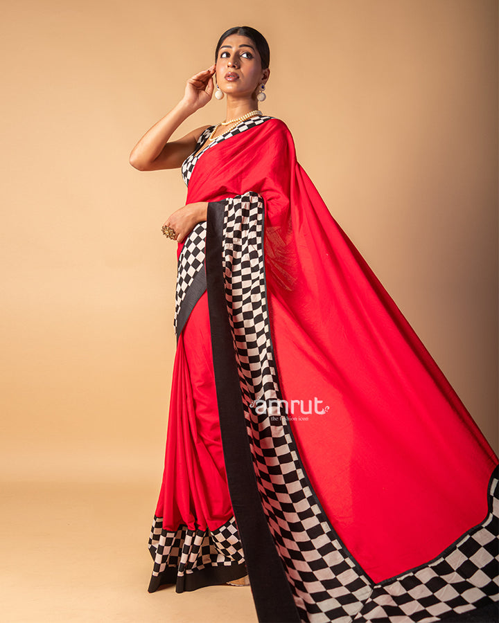 Red Cotton Silk Saree With Checks Printed Border