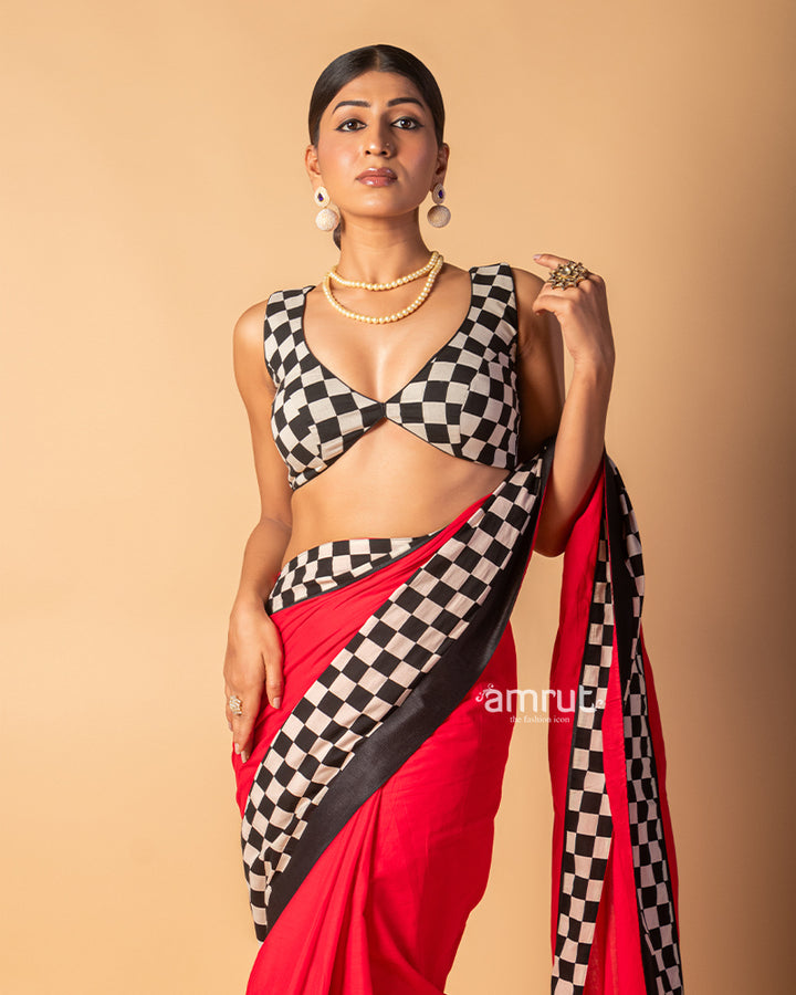 Red Cotton Silk Saree With Checks Printed Border