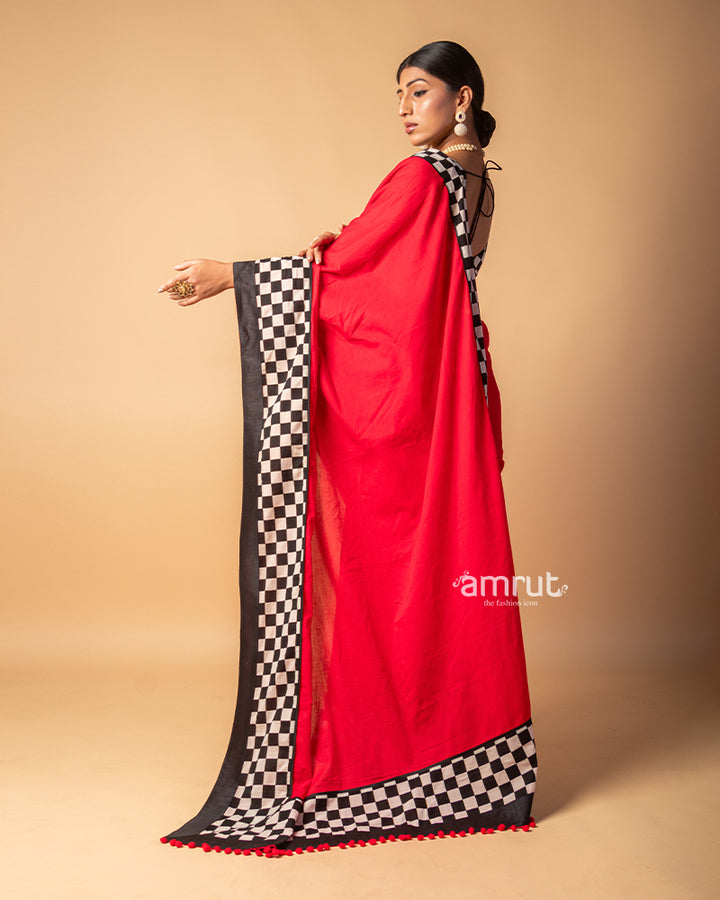 Red Cotton Silk Saree With Checks Printed Border