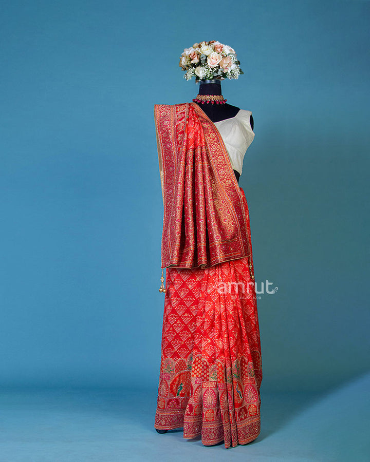 Red Cotton Silk Saree With Unstitched Blouse