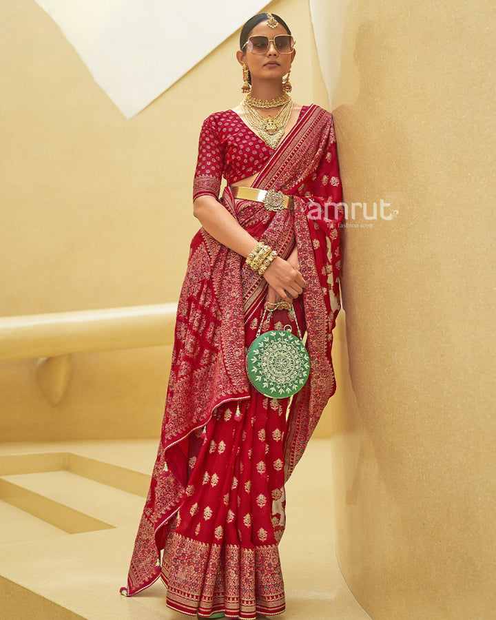 Red Cotton Silk Saree With Patola Printed Border and Unstitched Blouse Piece