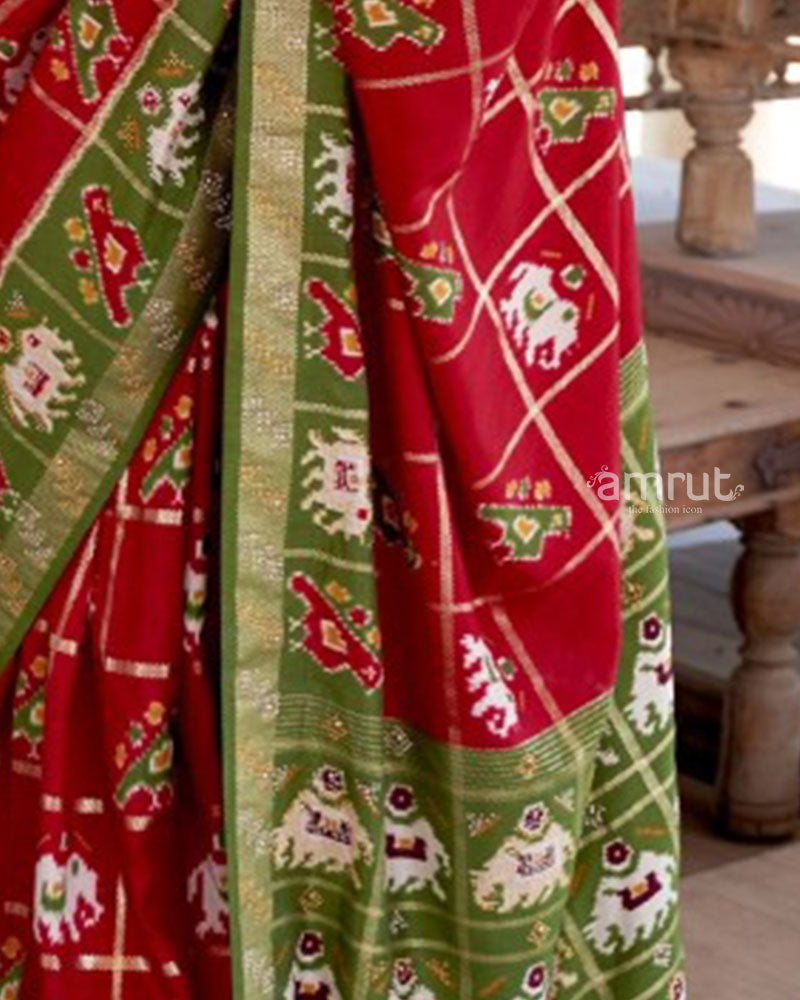 Red Elephant Print Saree With Contrast Border & Tassels