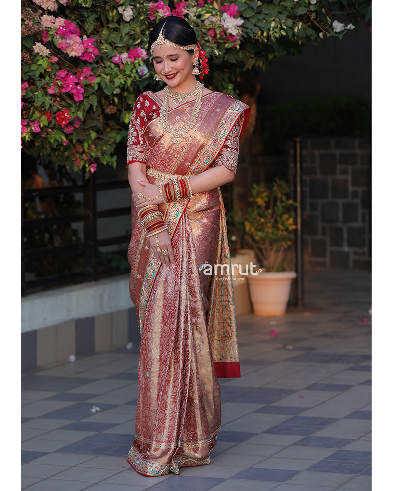 Red Embroidered Kanjivaram Silk Saree With Zari Pallu