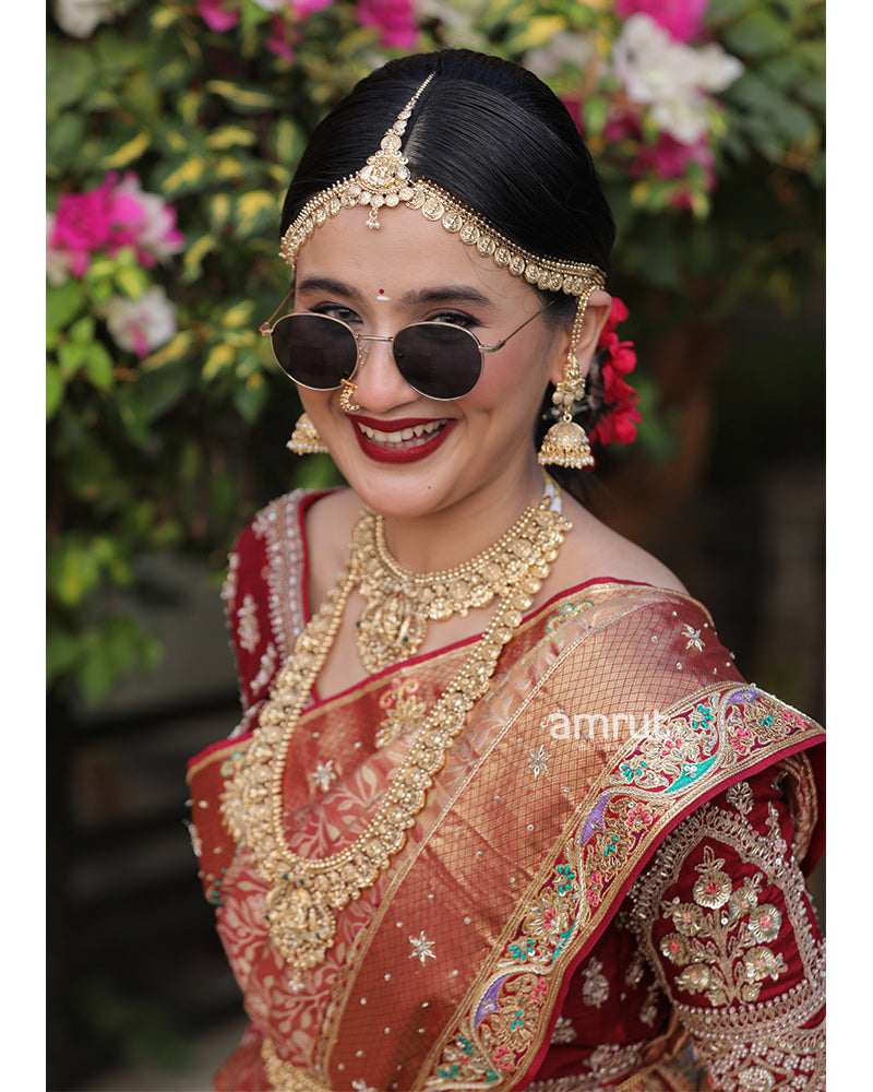 Red Embroidered Kanjivaram Silk Saree With Zari Pallu