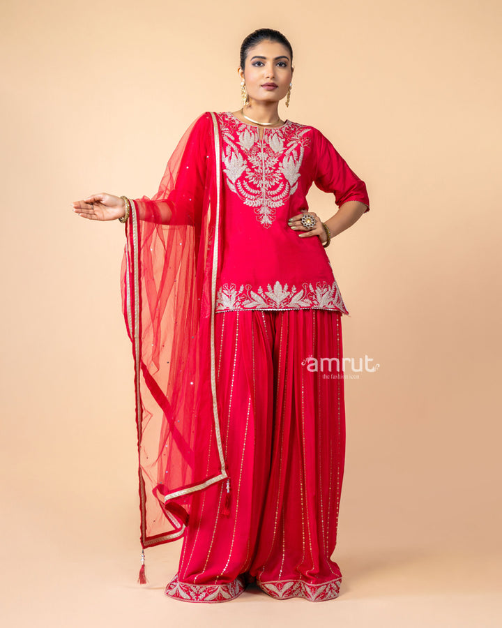 Red Embroidered Palazzo Set with Net Dupatta