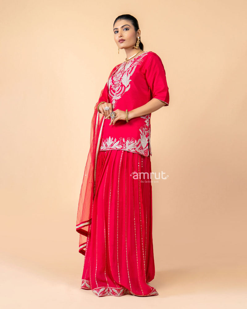 Red Embroidered Palazzo Set with Net Dupatta