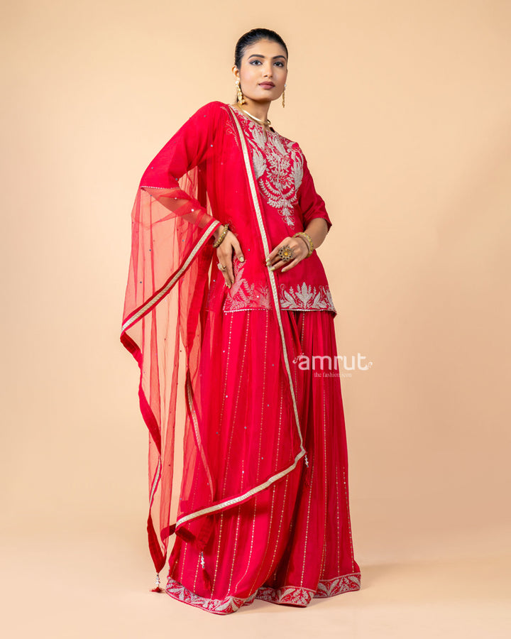 Red Embroidered Palazzo Set with Net Dupatta