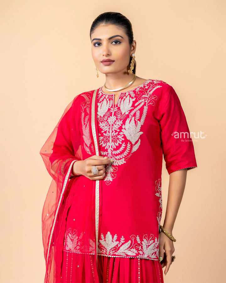 Red Embroidered Palazzo Set with Net Dupatta