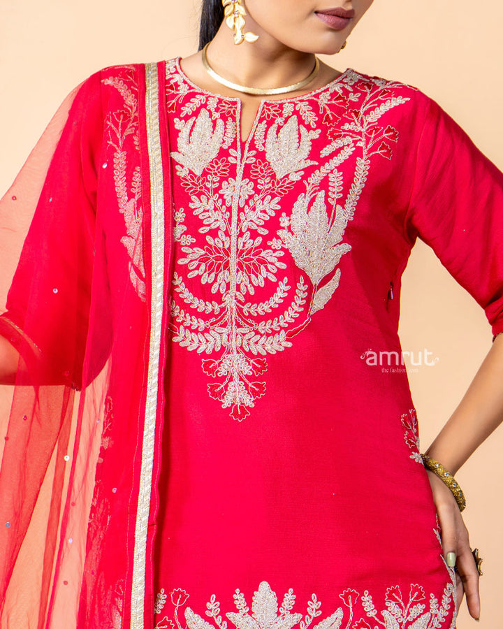 Red Embroidered Palazzo Set with Net Dupatta