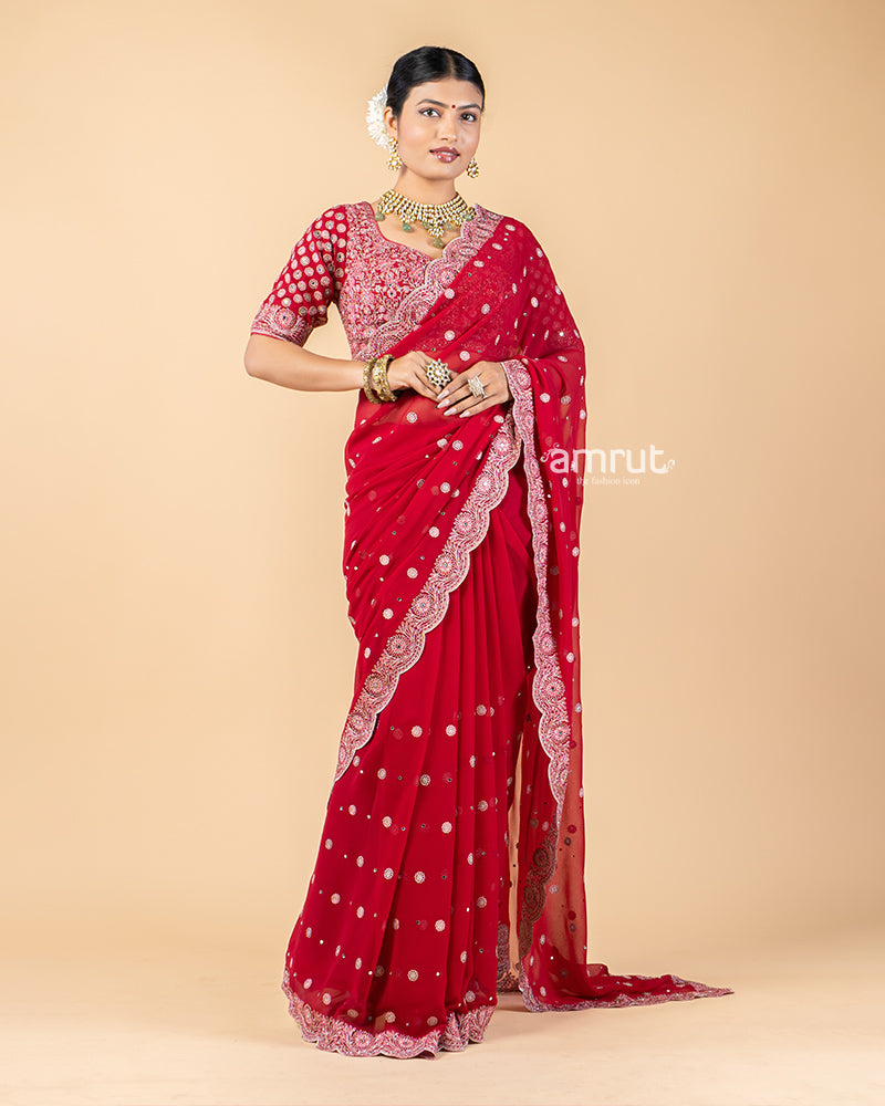 Red Georgette Saree With Sequins Embroidered Stitched Blouse