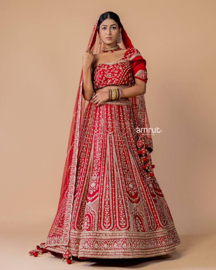Red Moti Embroidered Bridal Lehenga Set With Dupatta
