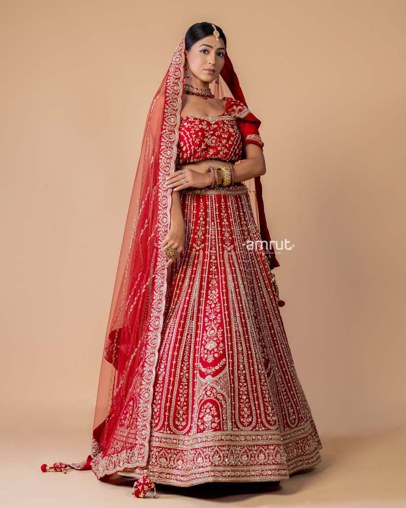 Red Moti Embroidered Bridal Lehenga Set With Dupatta