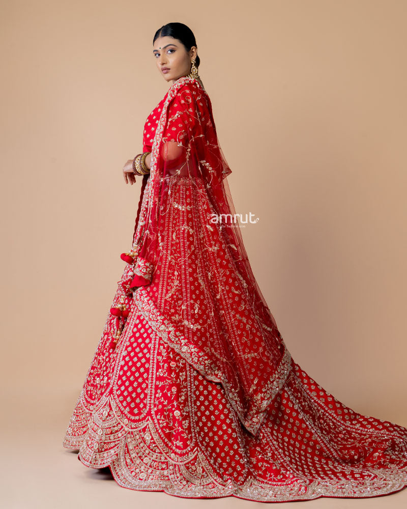 Red Moti and Zari Embroidered Bridal Lehenga Set With Tassels