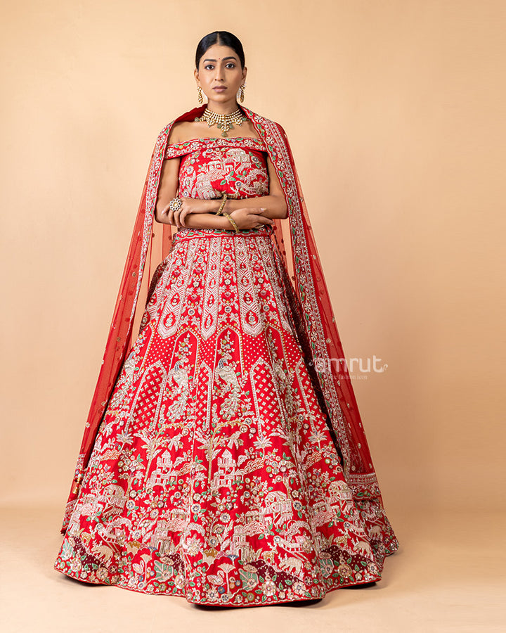 Red Printed Embroidered Unstitched Lehenga With Dupatta