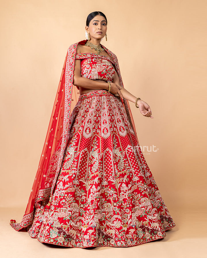 Red Printed Embroidered Unstitched Lehenga With Dupatta