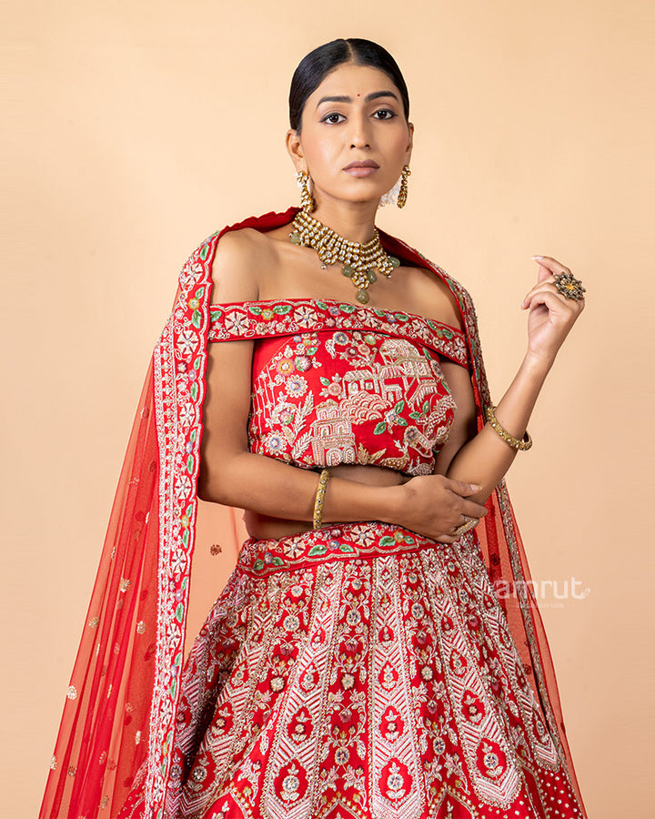 Red Printed Embroidered Unstitched Lehenga With Dupatta