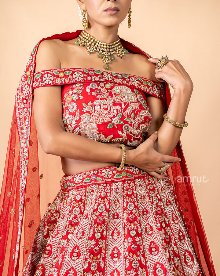 Red Printed Embroidered Unstitched Lehenga With Dupatta