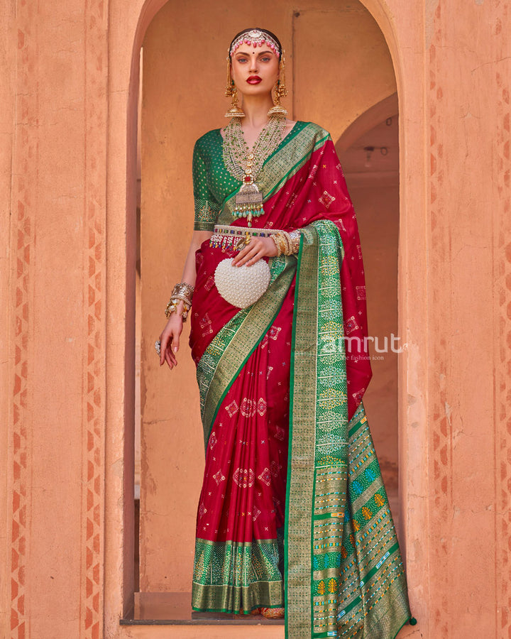 Red Printed Pure Patola Saree With Green Contrast Border