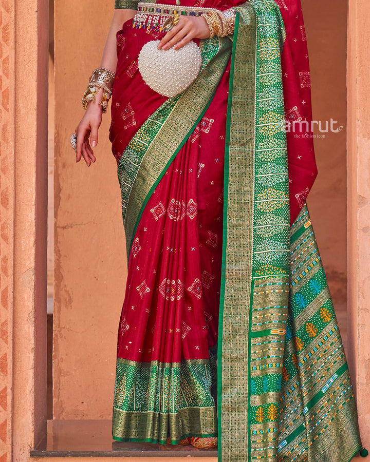 Red Printed Pure Patola Saree With Green Contrast Border