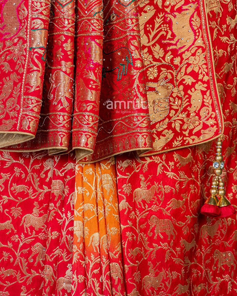 Red Pure Georgette Embroidered Saree With Unstitched Blouse