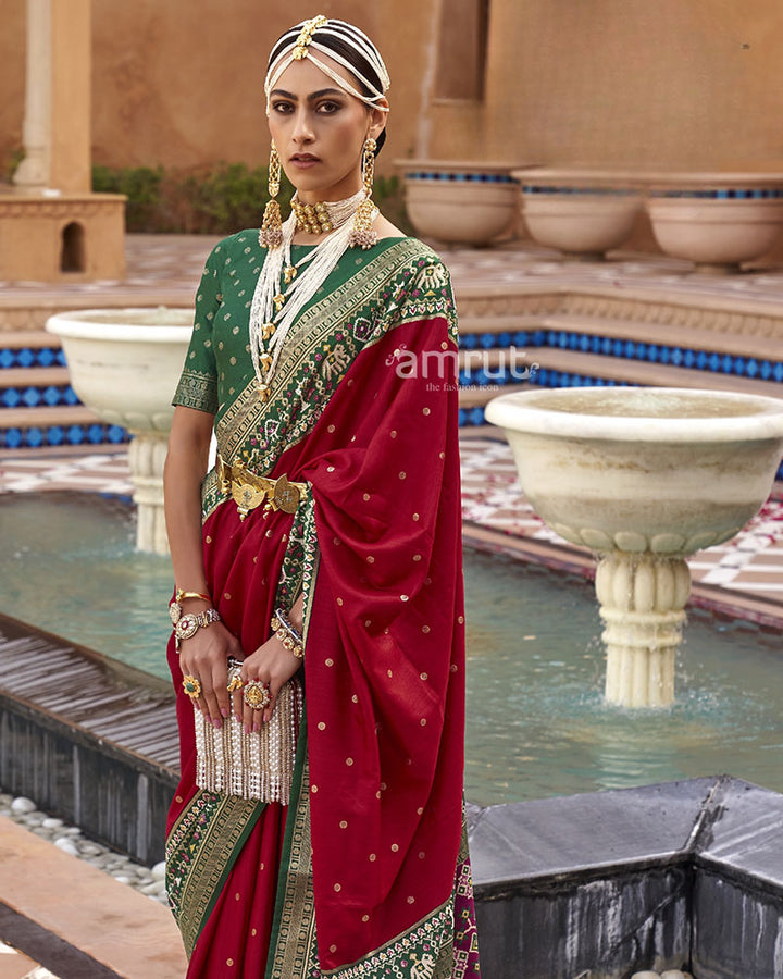 Red Pure Patola Silk Saree With Printed Border and Unstitched Blouse Piece