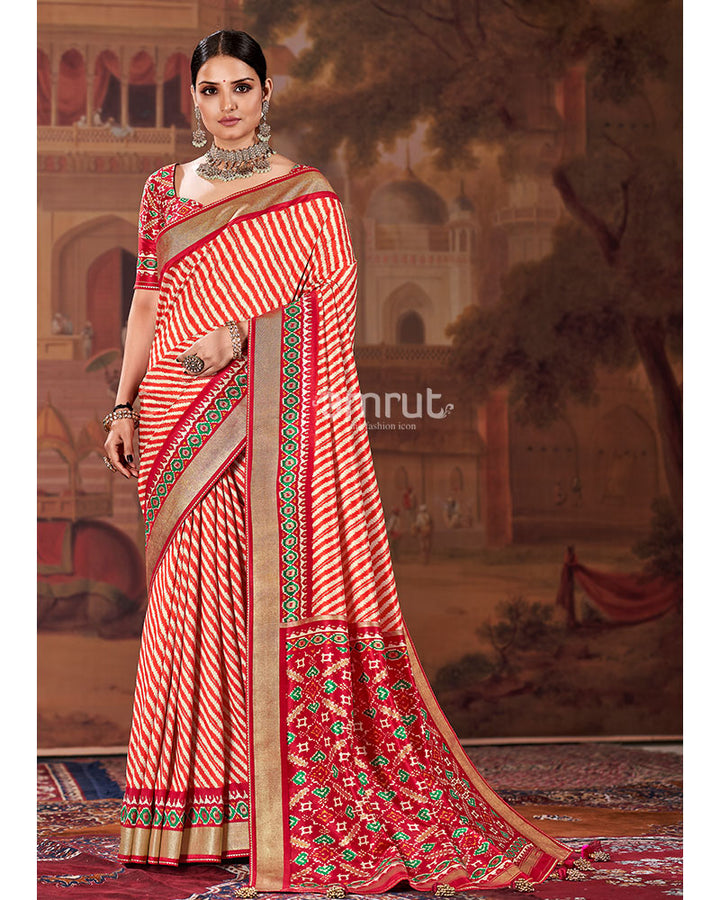 Red Saree in White Colored Patola Print With Cotton Silk