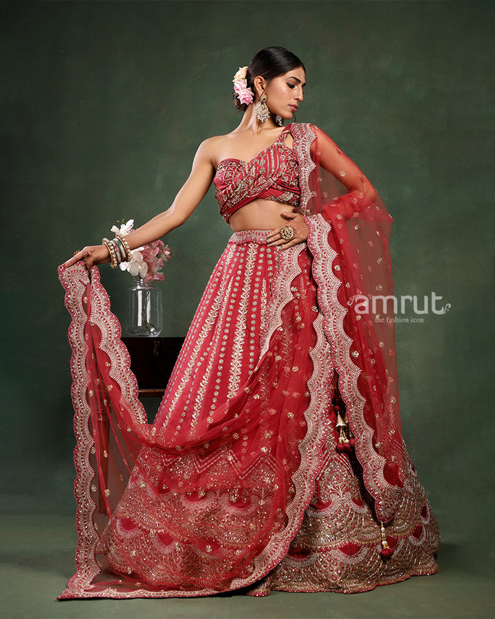 Red Unstitched Lehenga For Brides