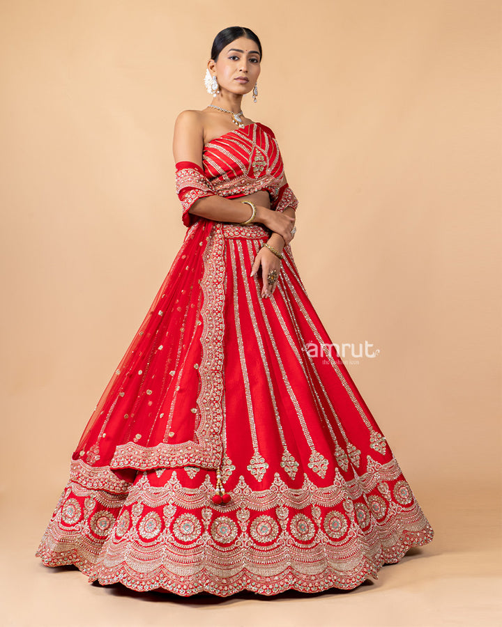 Red Unstitched Lehenga With Dupatta