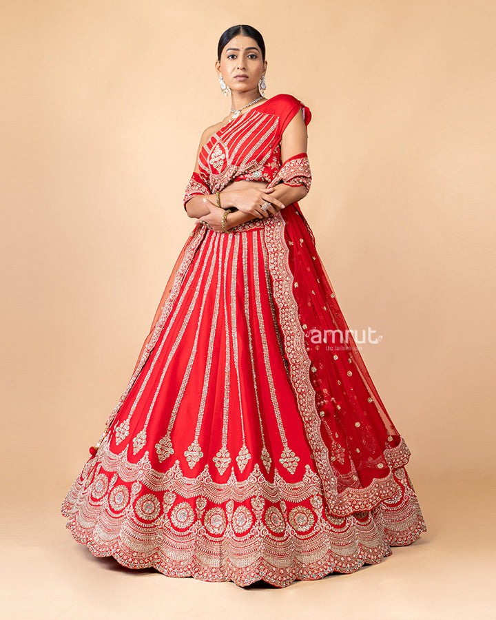 Red Unstitched Lehenga With Dupatta