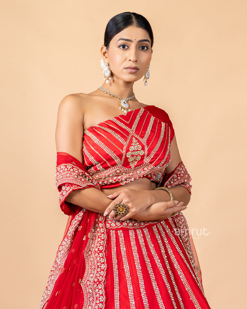 Red Unstitched Lehenga With Dupatta