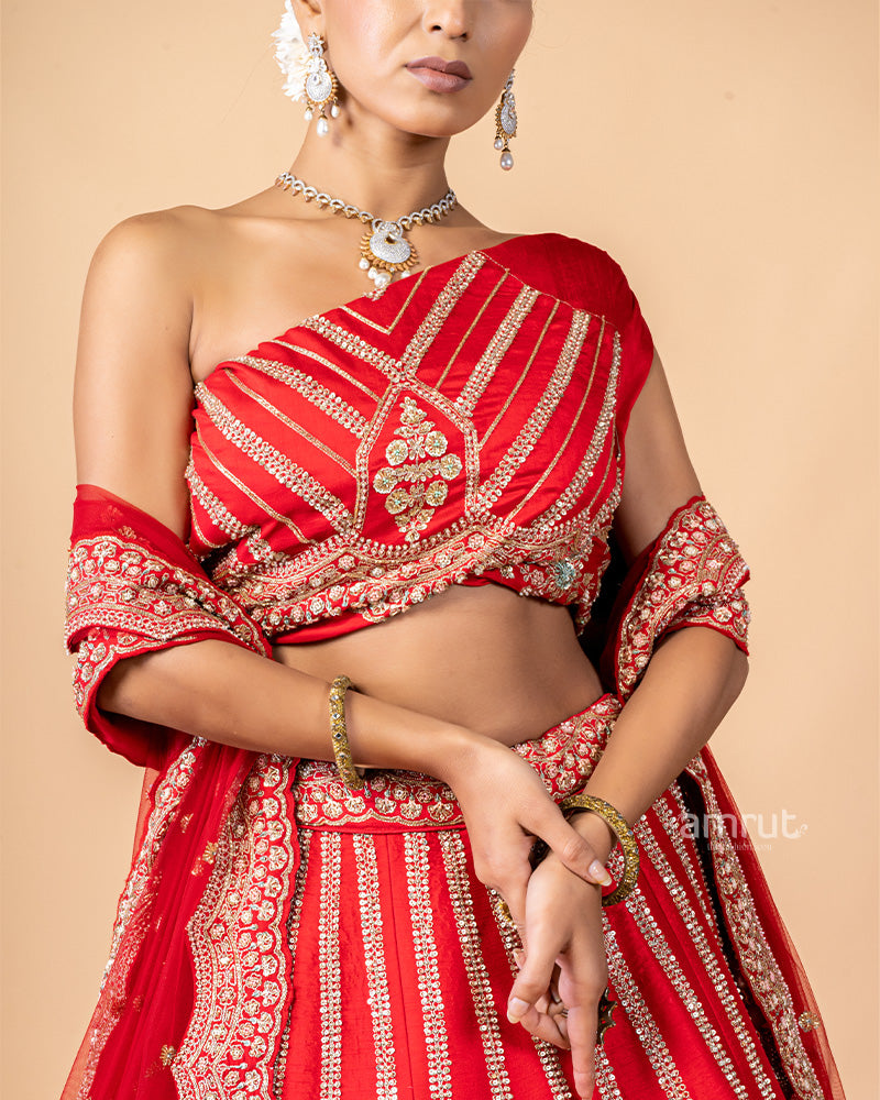 Red Unstitched Lehenga With Dupatta