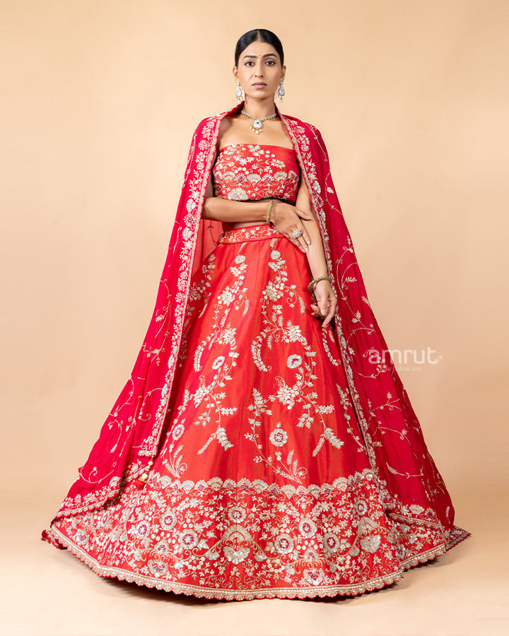 Red Unstitched Lehenga With Dupatta