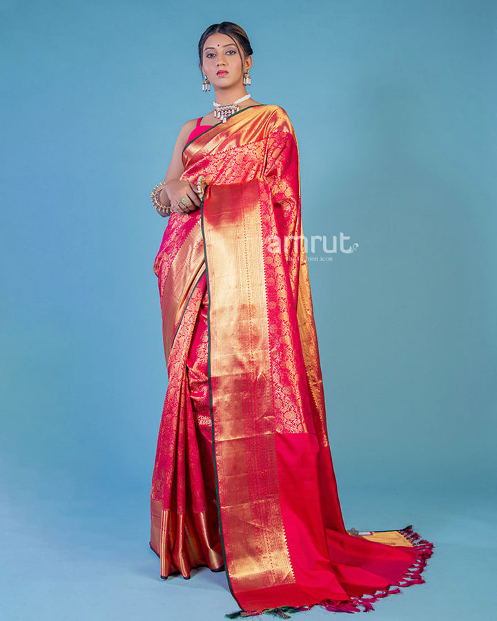 Red Wedding Wear Woven Banarasi Silk Saree With Unstitched Blouse