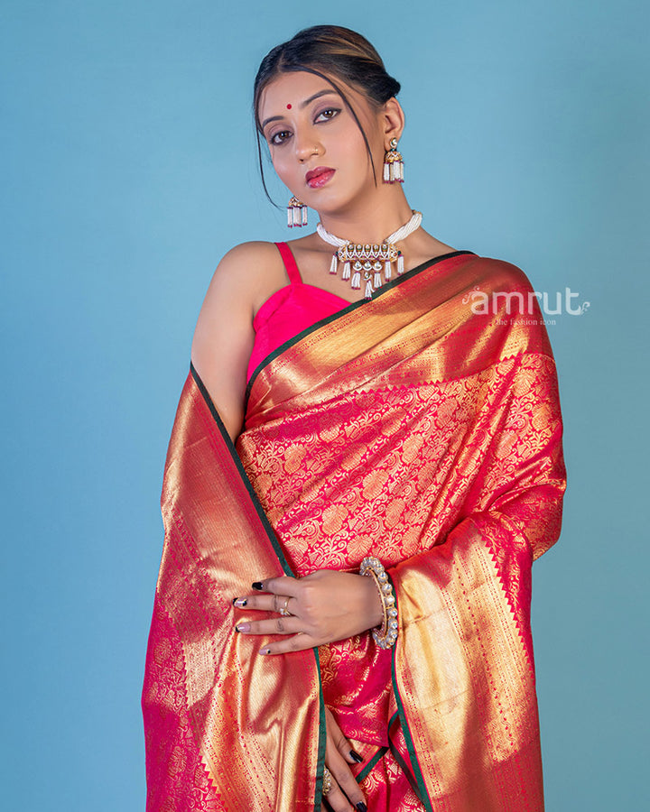 Red Wedding Wear Woven Banarasi Silk Saree With Unstitched Blouse